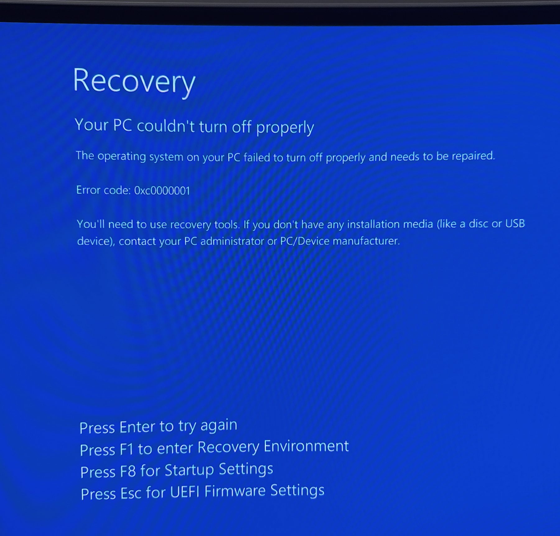 A Windows Recovery error screen