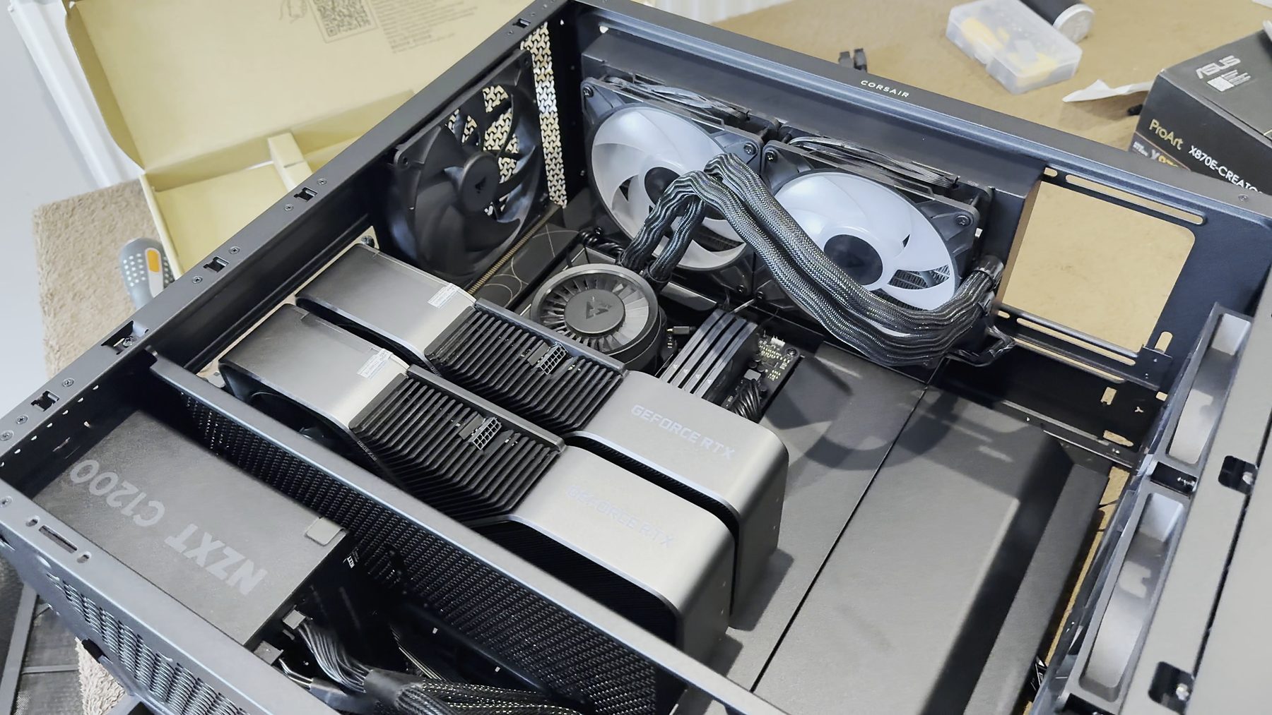 The dual-GPU build fitted inside an NZXT case